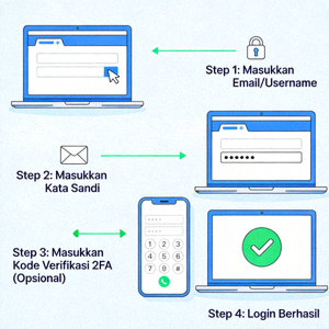 Ilustrasi panduan langkah demi langkah proses login ke suatu akun online dengan petunjuk visual