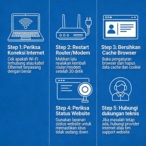 Ilustrasi visual tentang langkah-langkah memecahkan masalah koneksi internet dan akses website